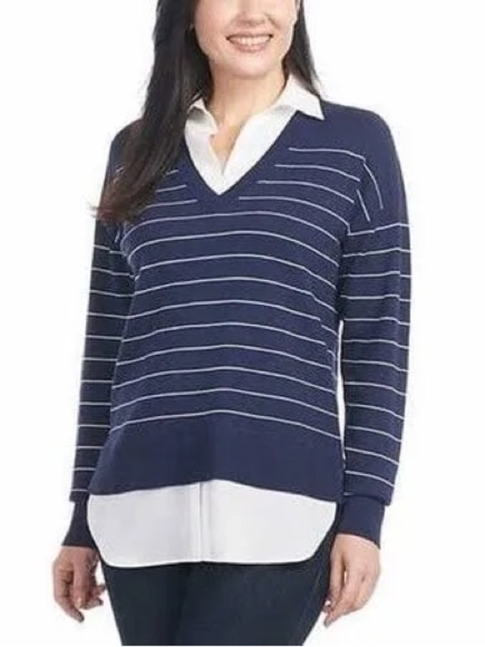 Hilary Radley Navy and White Layered Sweater